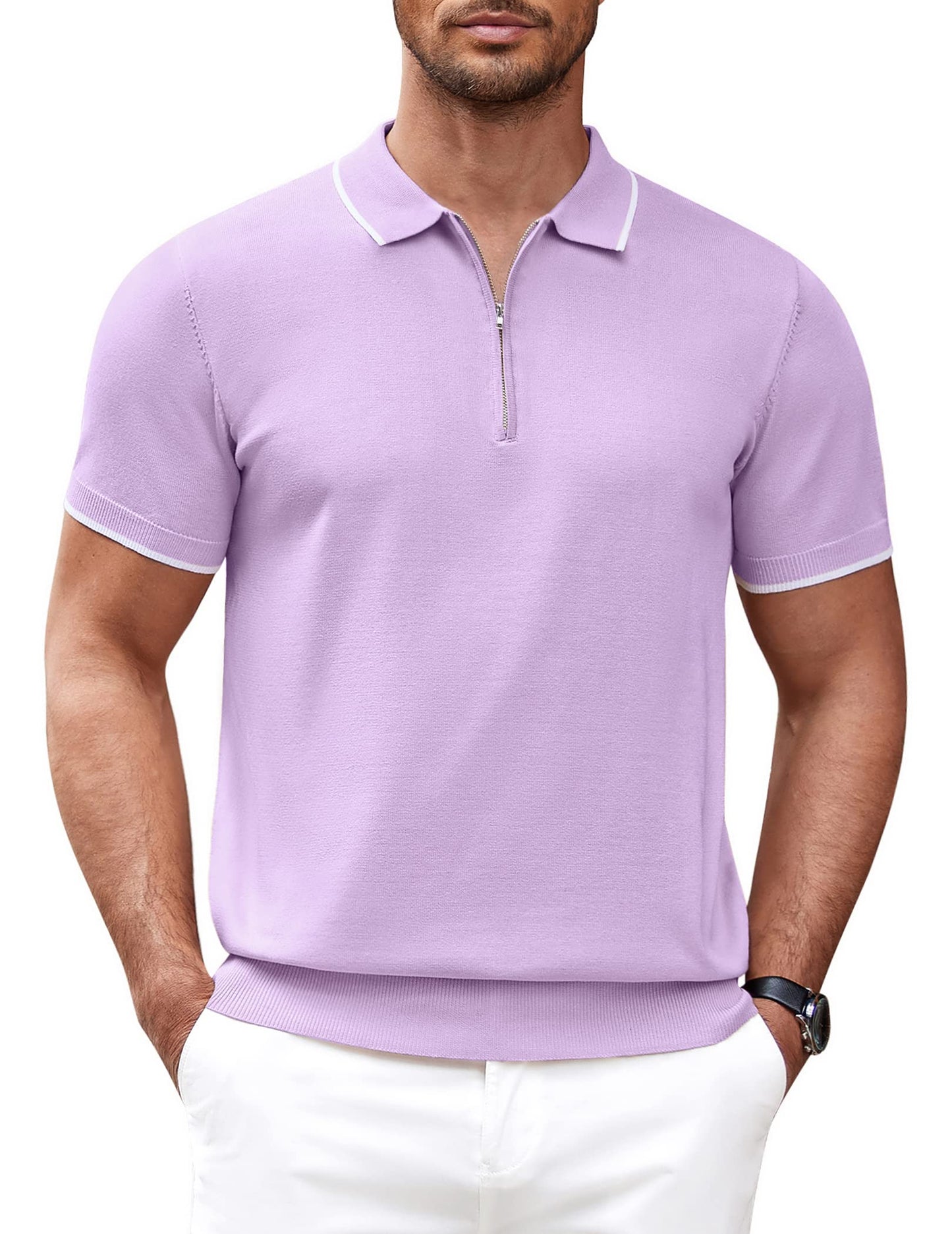 COOFANDY Camisa polo masculina de malha casual com zíper e manga curta, ajuste clássico