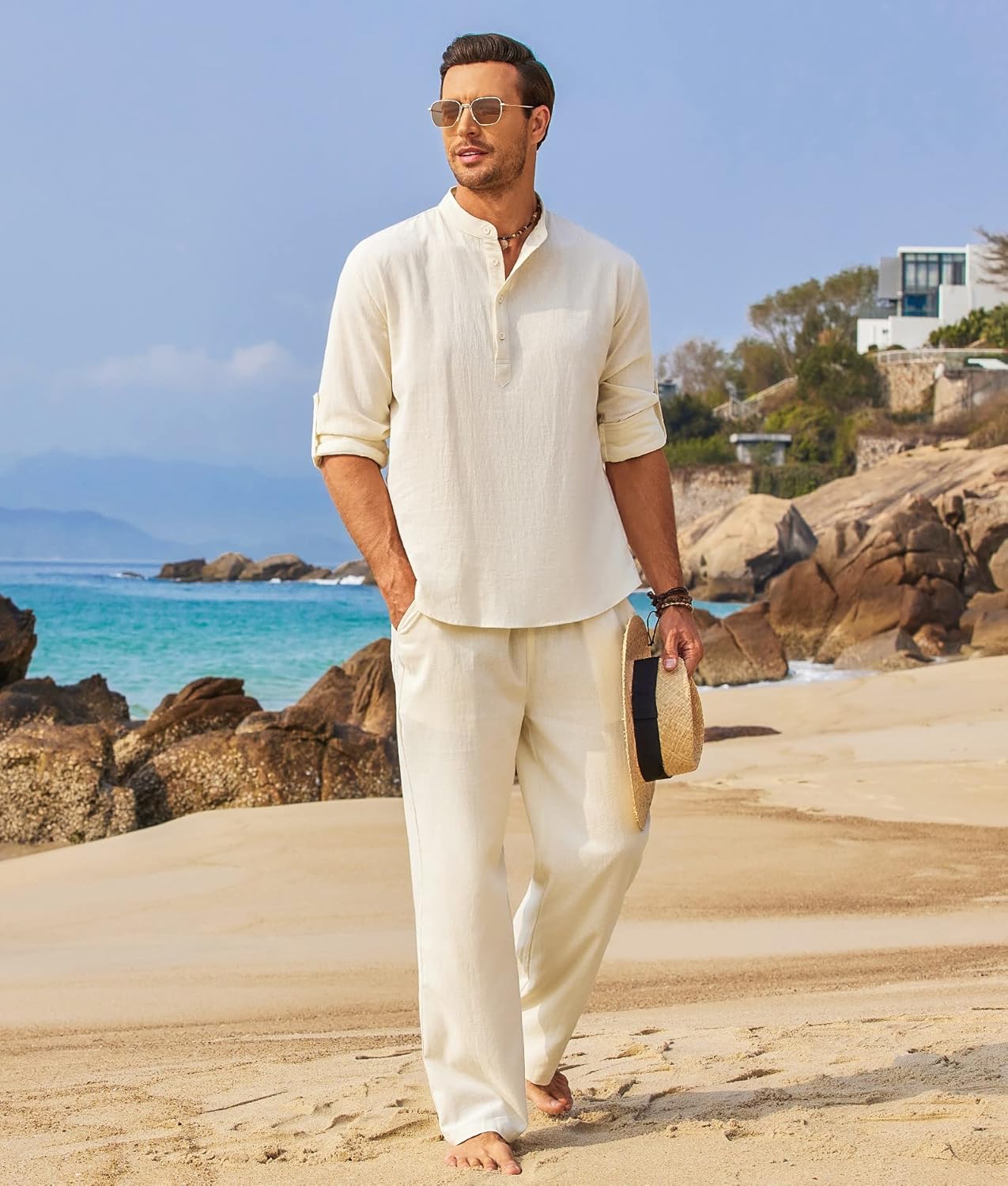 COOFANDY Men's 2 Pieces Cotton Linen Set Casual Long Sleeve Henley Shirts Beach Pants With Pockets Summer Yoga Outfits