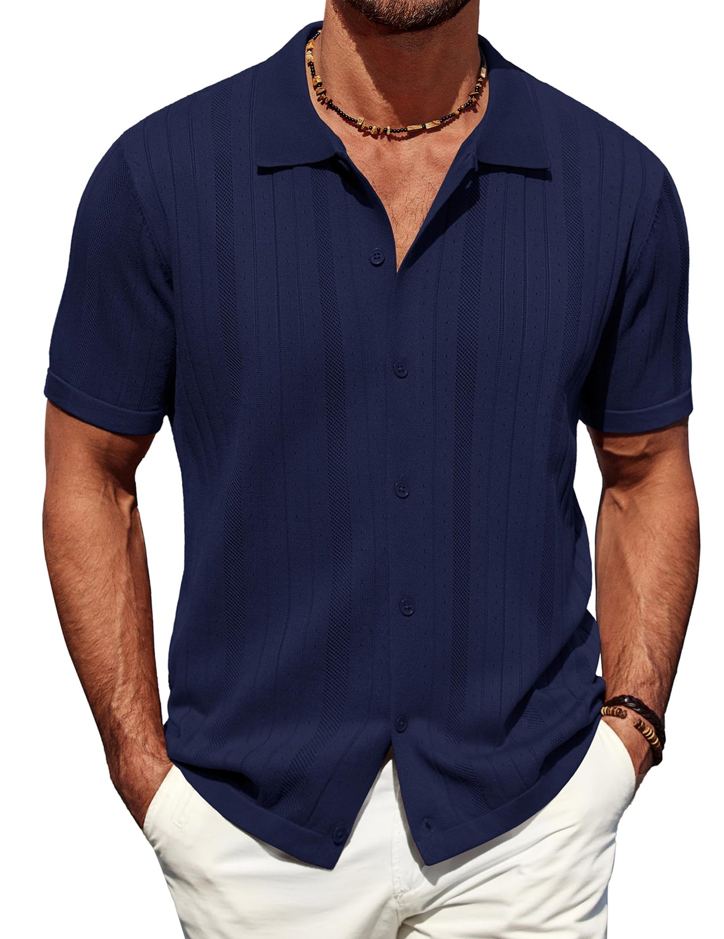 COOFANDY Camisa polo masculina de tricô com botões de crochê, vintage, manga curta, texturizada, verão, praia, tops
