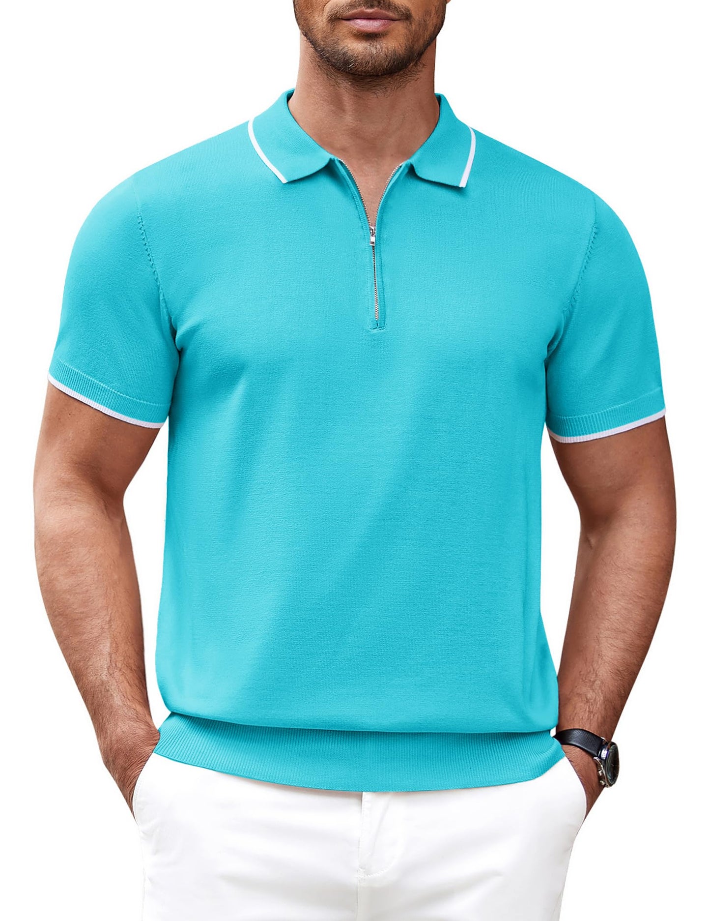 COOFANDY Camisa polo masculina de malha casual com zíper e manga curta, ajuste clássico