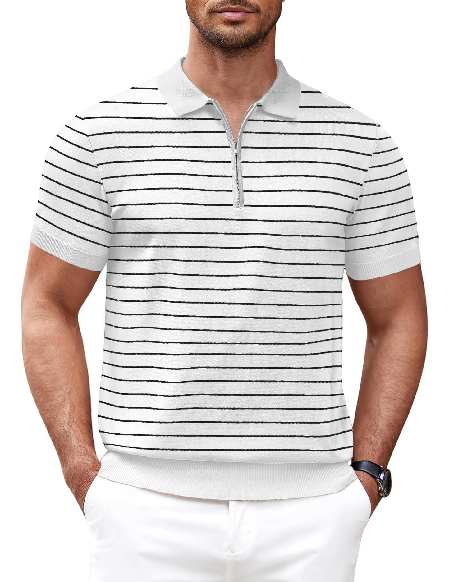 COOFANDY Camisa polo masculina de malha casual com zíper e manga curta, ajuste clássico