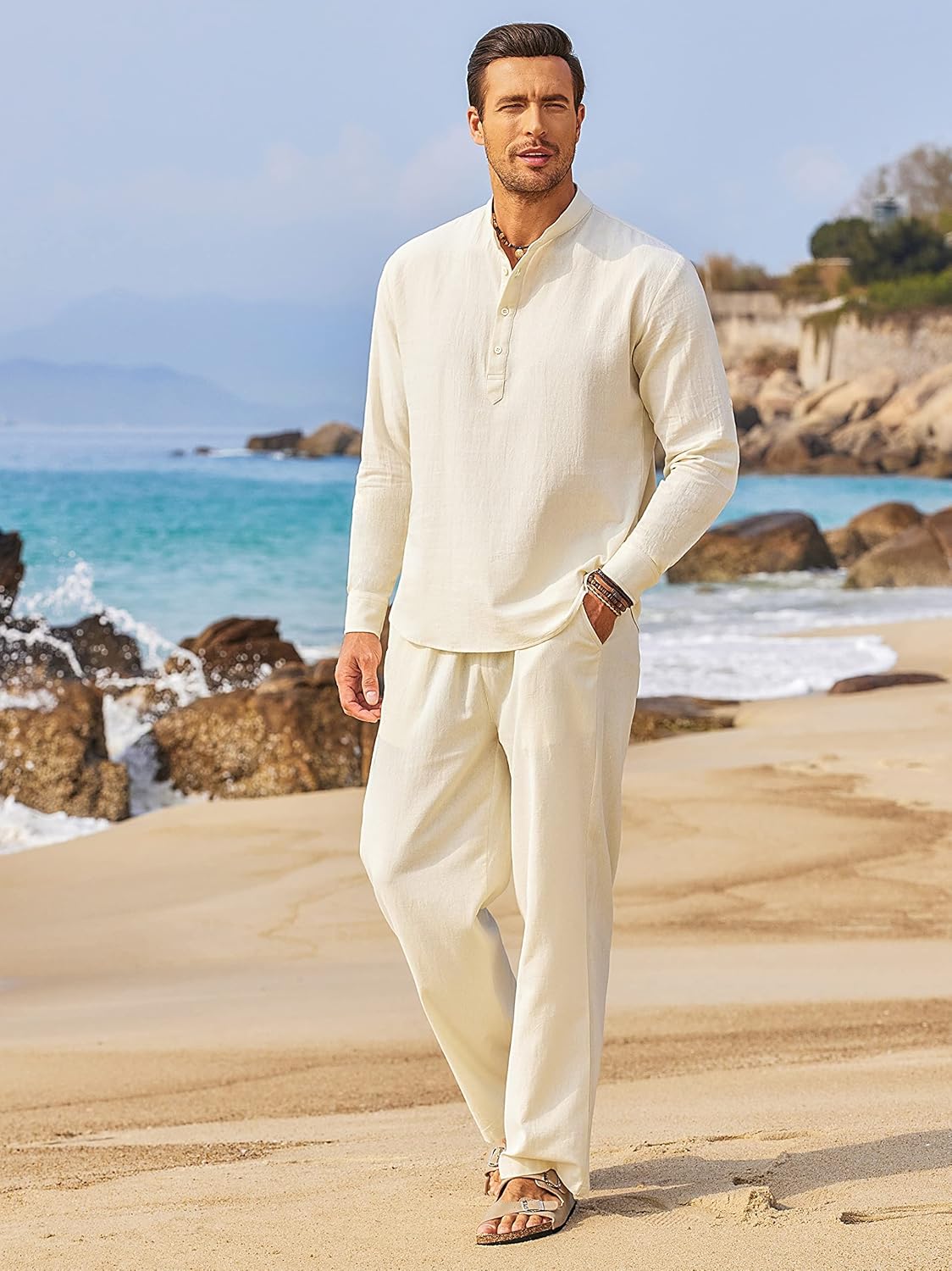 COOFANDY Men's 2 Pieces Cotton Linen Set Casual Long Sleeve Henley Shirts Beach Pants With Pockets Summer Yoga Outfits