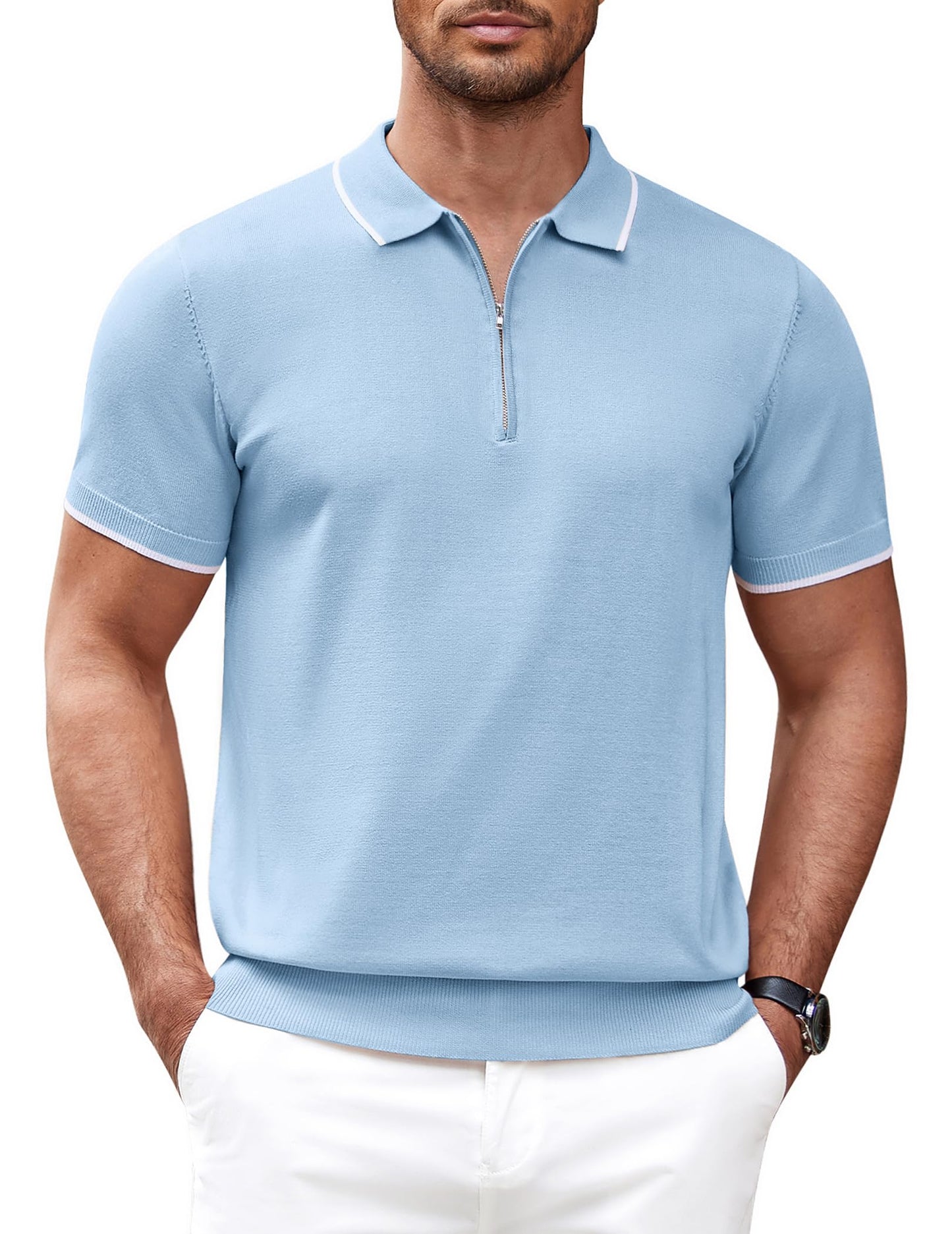 COOFANDY Camisa polo masculina de malha casual com zíper e manga curta, ajuste clássico