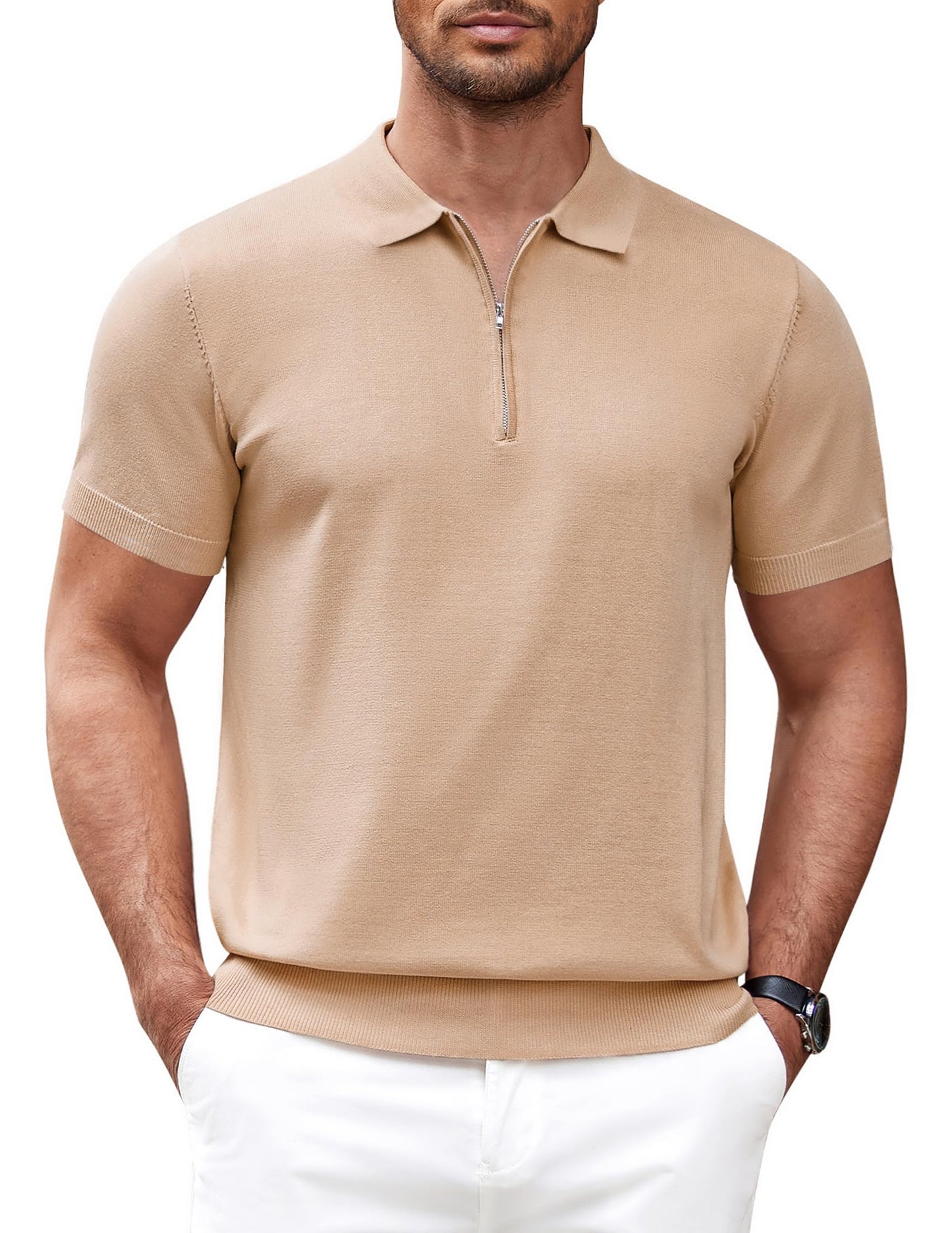 COOFANDY Camisa polo masculina de malha casual com zíper e manga curta, ajuste clássico