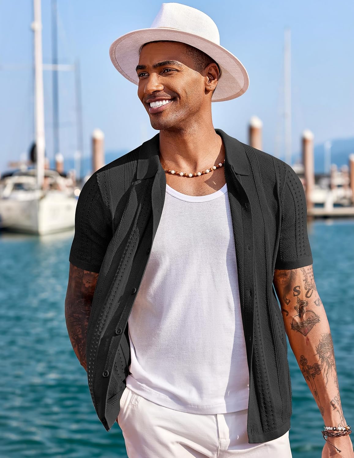 COOFANDY Camisa polo masculina de malha de manga curta com botões na moda casual verão praia