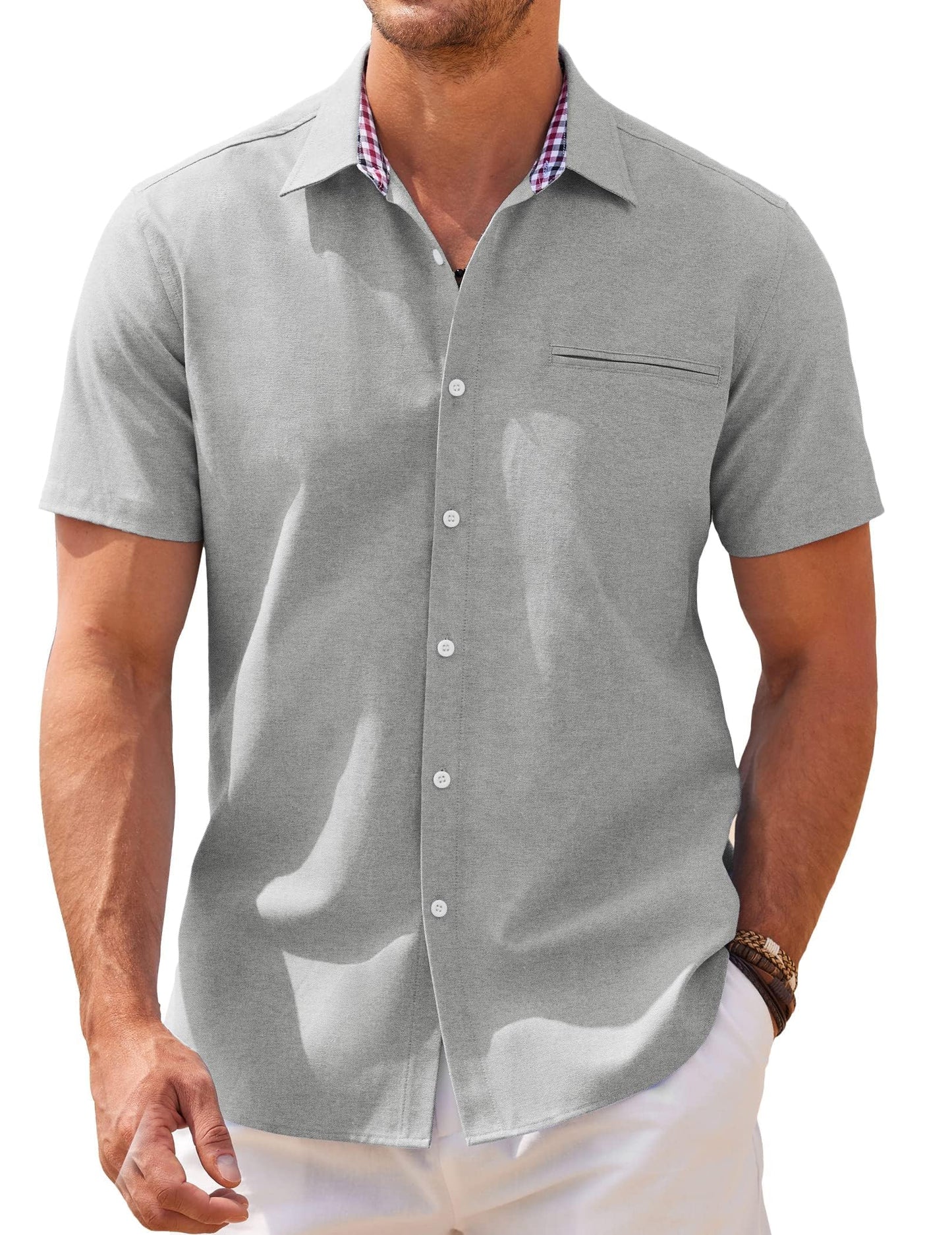 COOFANDY Men's Short Sleeve Oxford Shirt - Casual Summer Business Chambray Lightweight Checked Collar Cotton