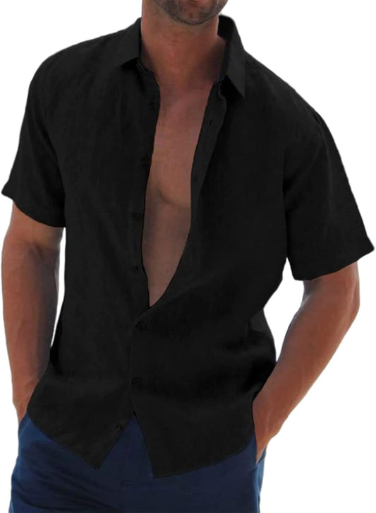 Halfword Men's Loose Fit Short Sleeve Linen-Cotton Shirt for Summer Casual Beach Wedding Party