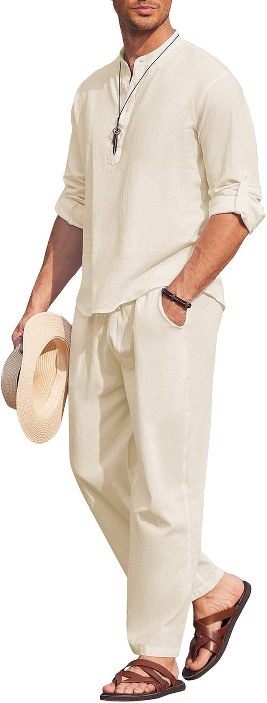 COOFANDY Men's 2 Pieces Cotton Linen Set Casual Long Sleeve Henley Shirts Beach Pants With Pockets Summer Yoga Outfits