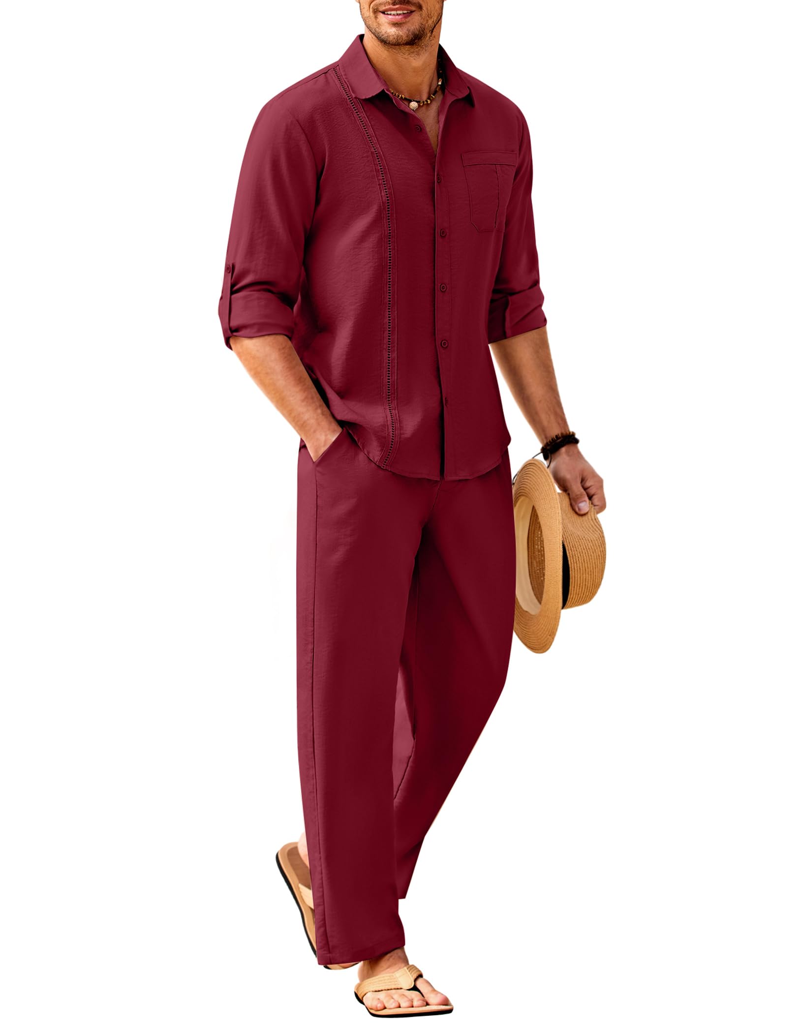 COOFANDY Men's 2 Piece Linen Sets Casual Long Sleeve Button Down Cuban Shirt and Loose Pants Set Beach Vacation Outfits