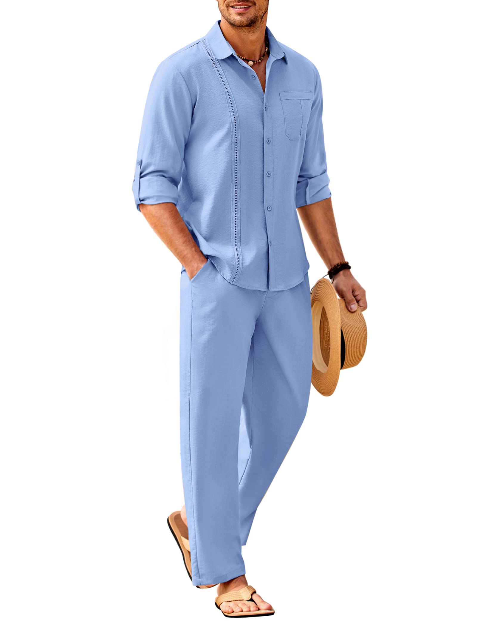COOFANDY Men's 2 Piece Linen Sets Casual Long Sleeve Button Down Cuban Shirt and Loose Pants Set Beach Vacation Outfits