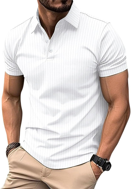 Allthemen Men's Polo Shirt Short Sleeve Knitted Golf Vertical Striped Polo T-Shirt Breathable