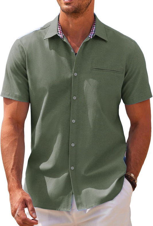 COOFANDY Men's Short Sleeve Oxford Shirt - Casual Summer Business Chambray Lightweight Checked Collar Cotton