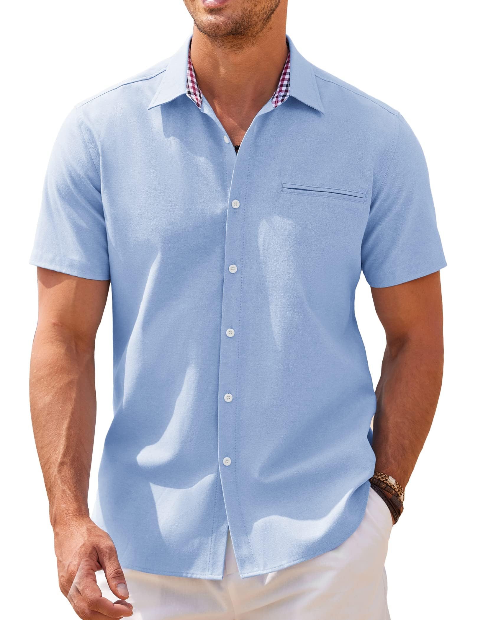 COOFANDY Men's Short Sleeve Oxford Shirt - Casual Summer Business Chambray Lightweight Checked Collar Cotton