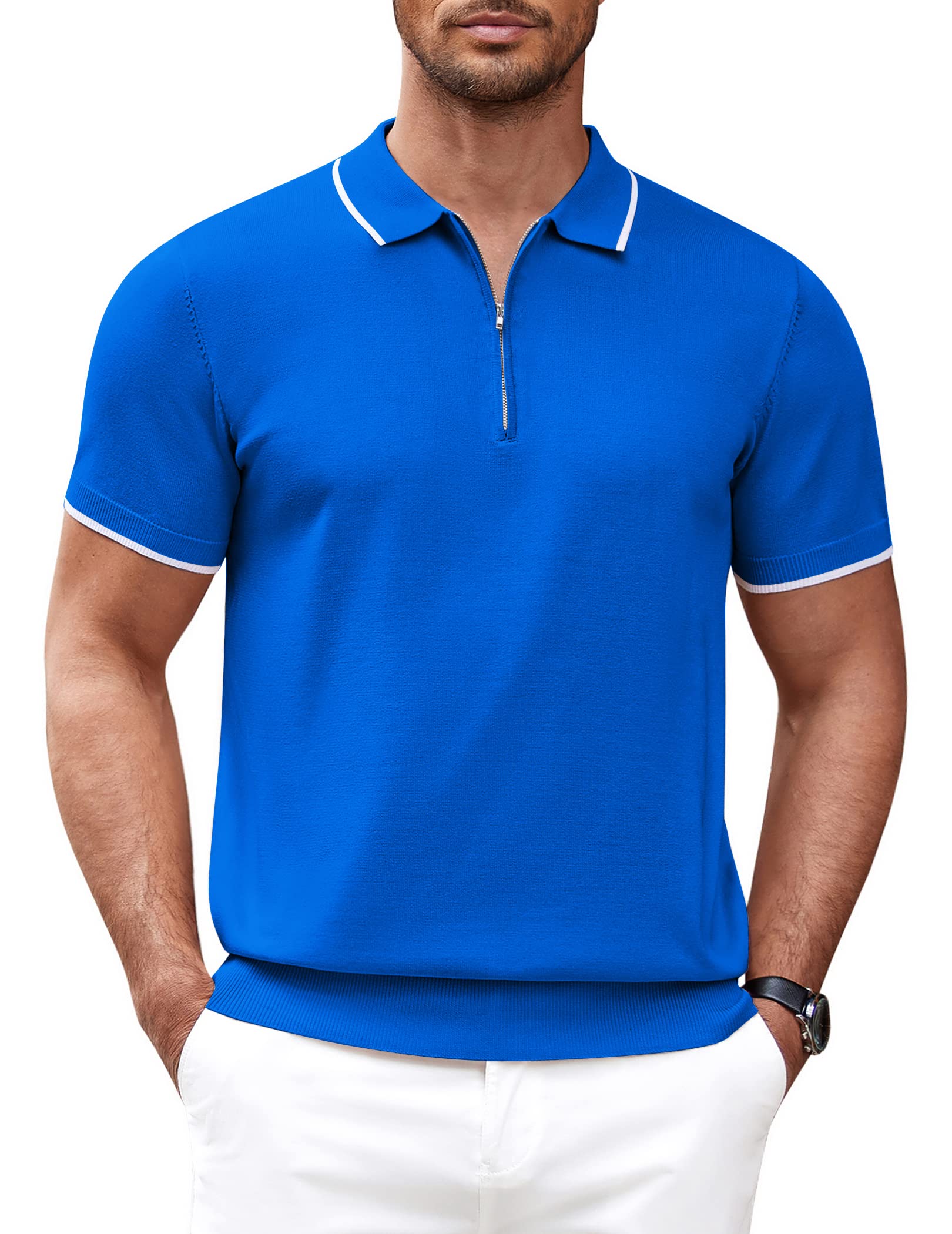 COOFANDY Camisa polo masculina de malha casual com zíper e manga curta, ajuste clássico