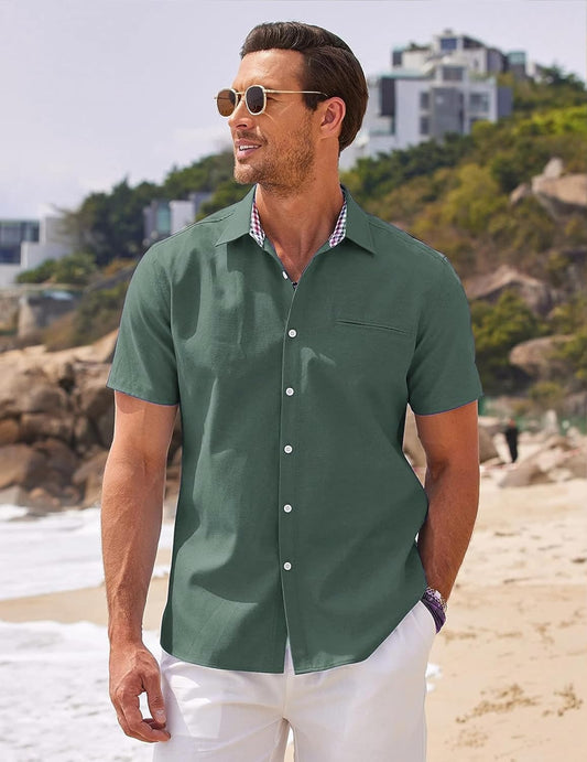 COOFANDY Men's Short Sleeve Oxford Shirt - Casual Summer Business Chambray Lightweight Checked Collar Cotton
