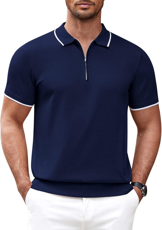 COOFANDY Camisa polo masculina de malha casual com zíper e manga curta, ajuste clássico
