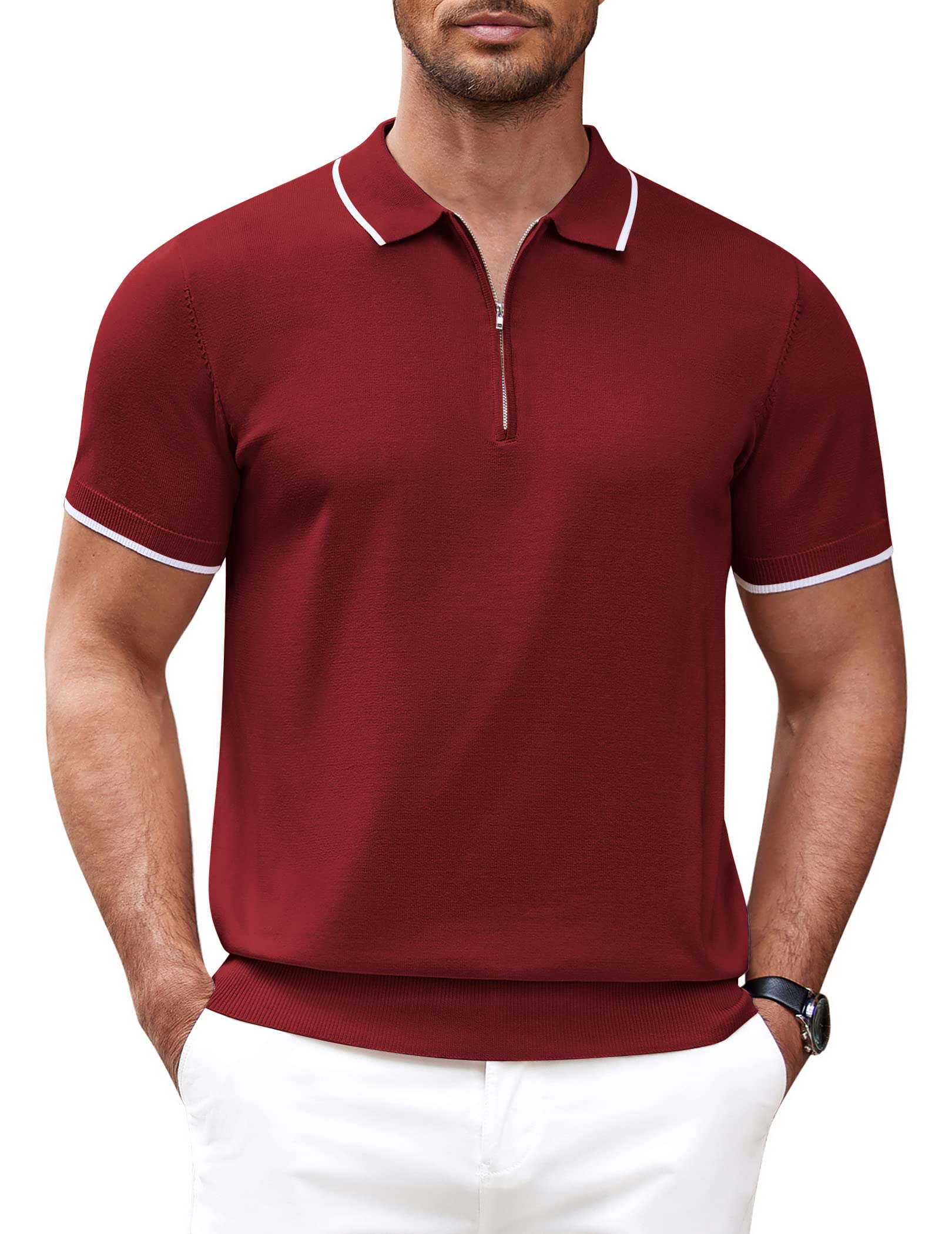COOFANDY Camisa polo masculina de malha casual com zíper e manga curta, ajuste clássico