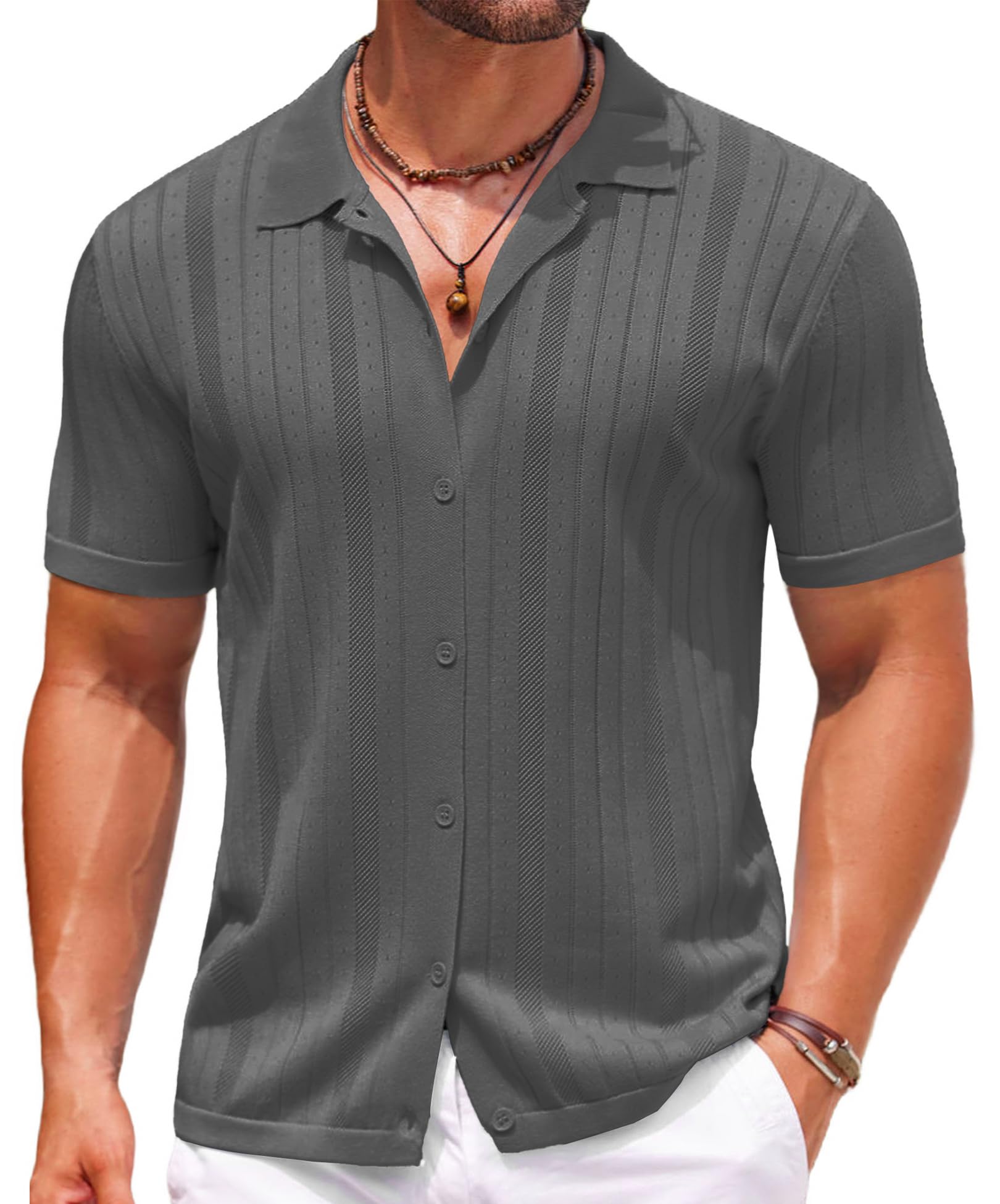 COOFANDY Camisa polo masculina de tricô com botões de crochê, vintage, manga curta, texturizada, verão, praia, tops