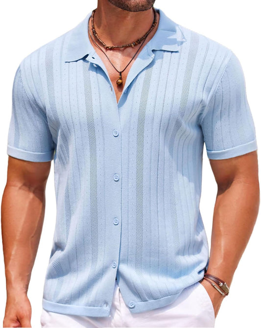 COOFANDY Camisa polo masculina de tricô com botões de crochê, vintage, manga curta, texturizada, verão, praia, tops