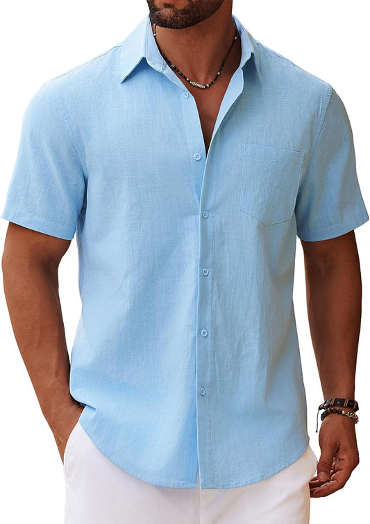 COOFANDY Men's Short Sleeve Summer Shirts Cotton Shirts Casual Beach Shirts Holiday with Pocket