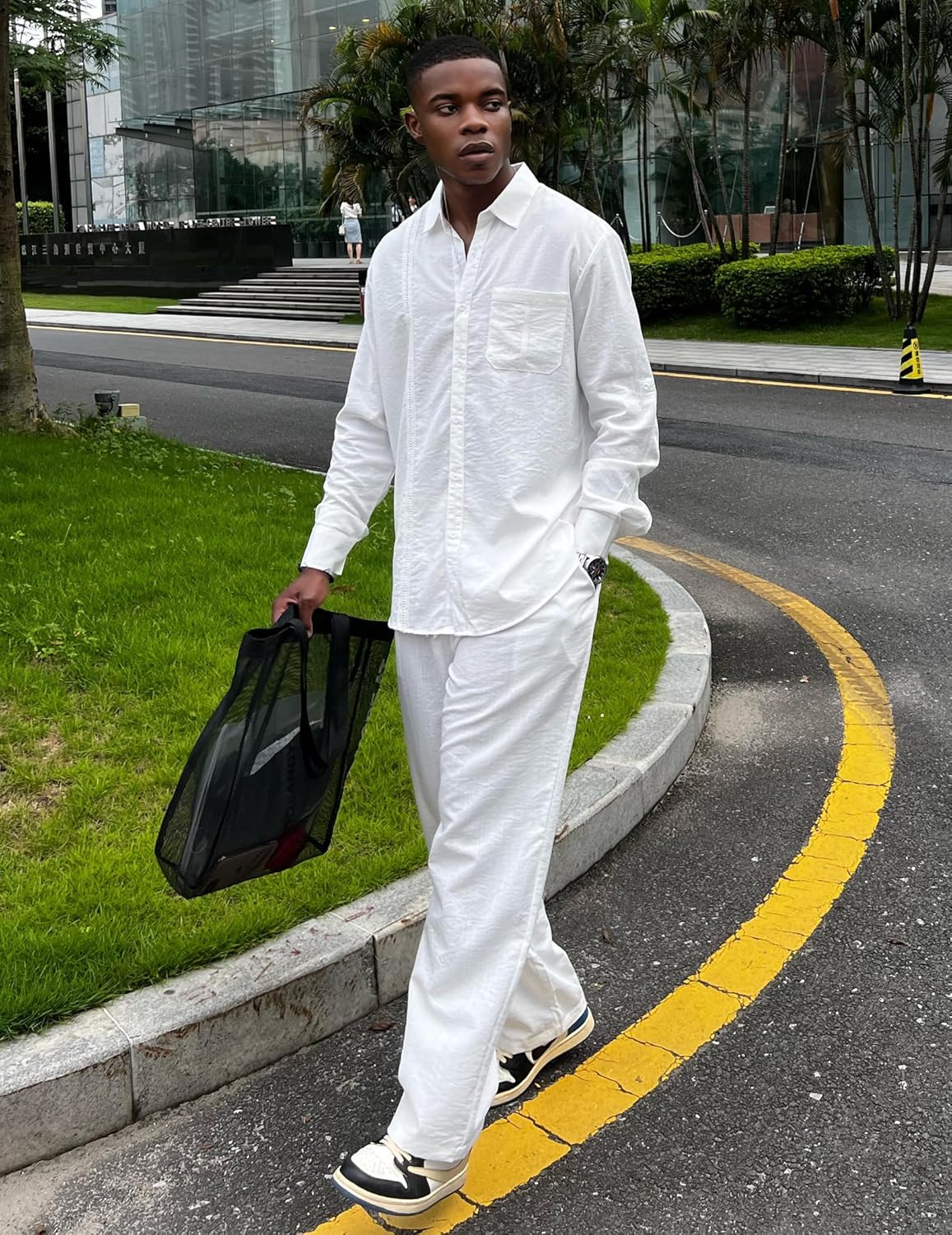 COOFANDY Men's 2 Piece Linen Sets Casual Long Sleeve Button Down Cuban Shirt and Loose Pants Set Beach Vacation Outfits
